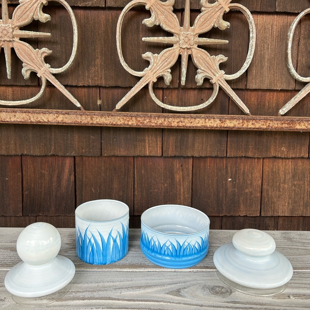 Vintage Blue and White Hand Painted Lidded Glass Jars with Coastal Motiff - Picture 3 of 8